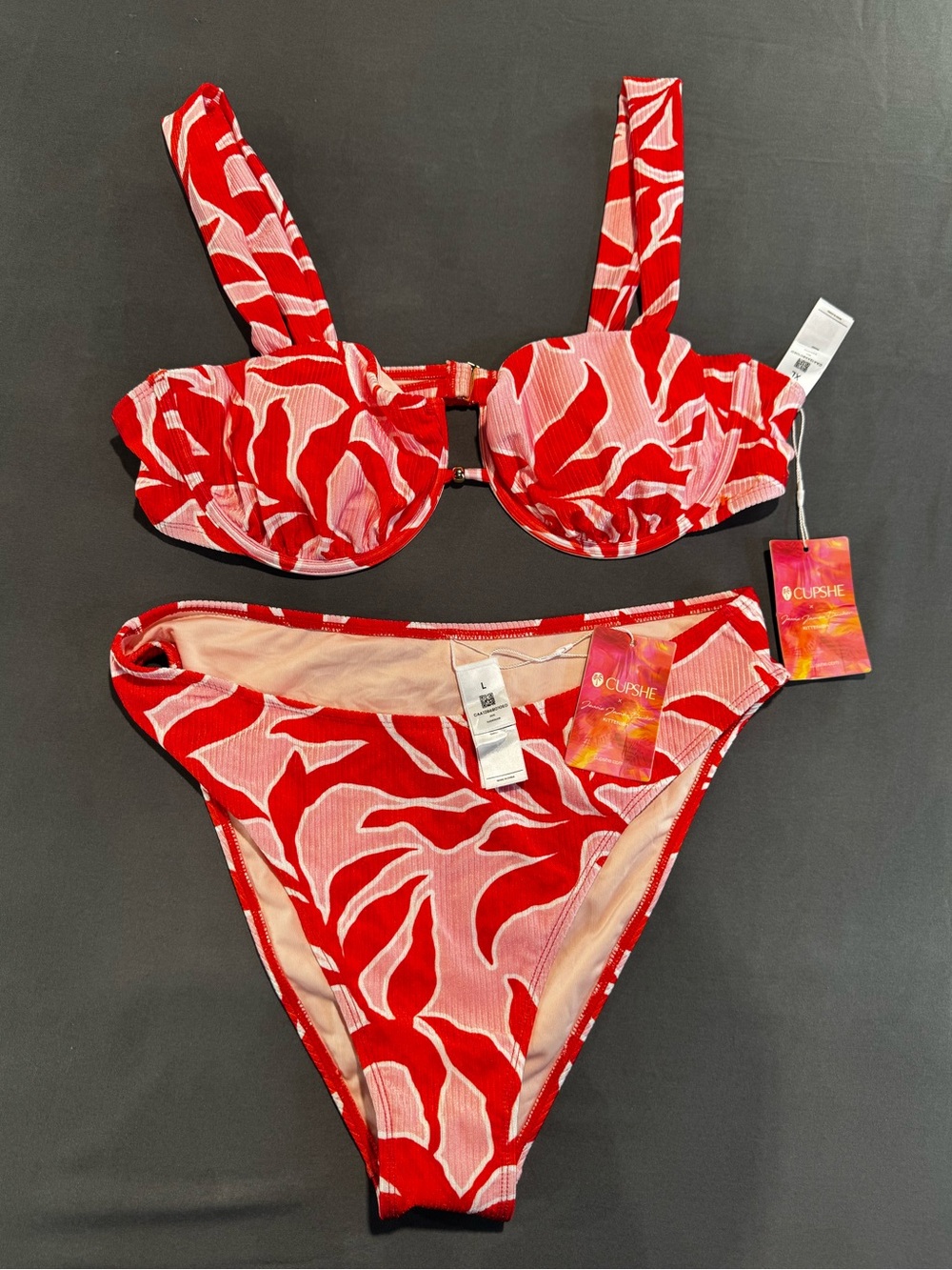 CUPSHE x Jessie James Decker Bikini Set NWT Red Pink Ribbed Size L/XL